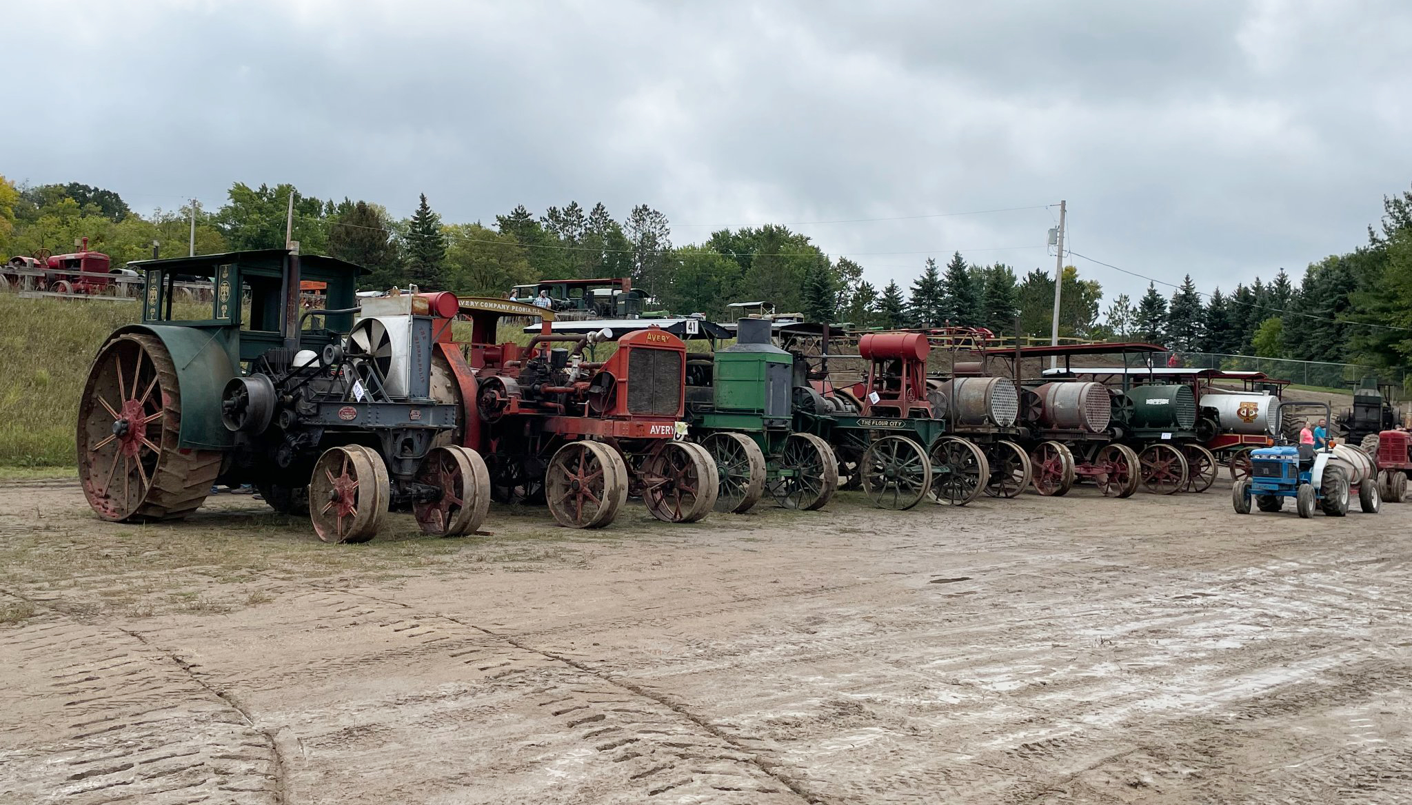 A row of vintage tractors